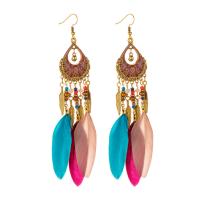 Fashion Feather Earring , Zinc Alloy, with Seedbead & Feather, Teardrop, antique gold color plated, Bohemian style & for woman & hollow 120mm 