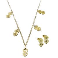 Fashion Stainless Steel Jewelry Sets, Stud Earring & necklace, with 2Inch extender chain, Dollar Sign, gold color plated, oval chain & for woman 1.5mm Approx 17 Inch 