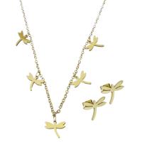 Fashion Stainless Steel Jewelry Sets, Stud Earring & necklace, with 2Inch extender chain, Dragonfly, gold color plated, oval chain & for woman 1.5mm Approx 17 Inch 