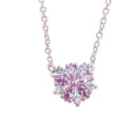 Sterling Silver Jewelry Necklace, 925 Sterling Silver, Flower, silver color plated & with rhinestone, pink Approx 17.7 Inch 