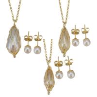 Fashion Stainless Steel Jewelry Sets, Stud Earring & necklace, with brass bail & Plastic Pearl, gold color plated & oval chain & for woman Approx 17 Inch 