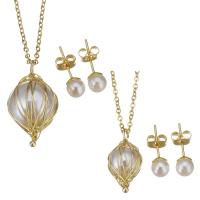 Fashion Stainless Steel Jewelry Sets, Stud Earring & necklace, with brass bail & Plastic Pearl, gold color plated & oval chain & for woman Approx 17 Inch 