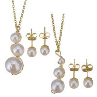 Fashion Stainless Steel Jewelry Sets, with brass bail & Plastic Pearl, gold color plated & oval chain & for woman Approx 17 Inch 