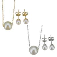 Fashion Stainless Steel Jewelry Sets, Stud Earring & necklace, with brass bail & Plastic Pearl, plated, oval chain & for woman 1.2mm,6mm Approx 17 Inch 
