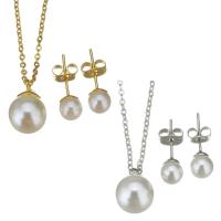 Fashion Stainless Steel Jewelry Sets, Stud Earring & necklace, with brass bail & Plastic Pearl, plated, oval chain & for woman 1.5mm,6mm Approx 17 Inch 