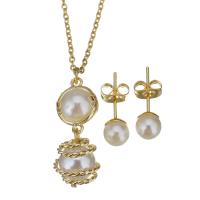 Fashion Stainless Steel Jewelry Sets, Stud Earring & necklace, with brass bail & Plastic Pearl, gold color plated, oval chain & for woman, 25mm 1.5mm,6mm Approx 17 Inch 