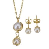 Fashion Stainless Steel Jewelry Sets, Stud Earring & necklace, with brass bail & Plastic Pearl, gold color plated, oval chain & for woman, 26mm 1.5mm,6mm Approx 17 Inch 