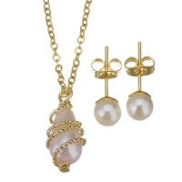Fashion Stainless Steel Jewelry Sets, Stud Earring & necklace, with brass bail & Plastic Pearl, gold color plated, oval chain & for woman 1.5mm,6mm Approx 17 Inch 