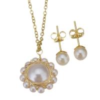 Fashion Stainless Steel Jewelry Sets, Stud Earring & necklace, with brass bail & Plastic Pearl, gold color plated, oval chain & for woman 1.5mm,6mm Approx 17 Inch 