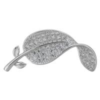 Cubic Zirconia Brooch, Brass, Leaf, silver color plated, micro pave cubic zirconia & for woman Approx 1.5mm 