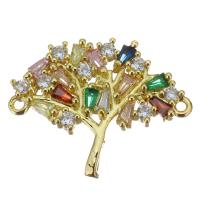 Cubic Zirconia Brass Connector, Tree, gold color plated, with cubic zirconia & 1/1 loop Approx 1.5mm 