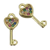 Brass Findings, heart and key, gold color plated, micro pave cubic zirconia 