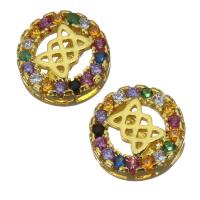 Brass Findings, Flat Round, gold color plated, micro pave cubic zirconia & hollow 