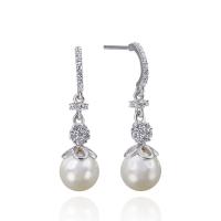 Cubic Zirconia Micro Pave Sterling Silver Earring, 925 Sterling Silver, with Shell Pearl, Flower, silver color plated, with plastic earnut & micro pave cubic zirconia & for woman 