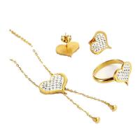 Cubic Zirconia Stainless Steel Jewelry Sets, Stud Earring & finger ring & necklace, Heart, gold color plated, three pieces & micro pave cubic zirconia & for woman, metallic color plated 1.5mm Approx 17.7 Inch 