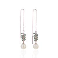 Sterling Silver Thread Through Earrings, 925 Sterling Silver, with Shell Pearl, Leaf, rose gold color plated, with plastic earnut & box chain & micro pave cubic zirconia & for woman 