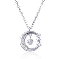 Cubic Zirconia Micro Pave Sterling Silver Necklace, 925 Sterling Silver, with 1.18lnch extender chain, Moon, platinum plated, oval chain & micro pave cubic zirconia & for woman & hollow 3.5mm Approx 15.7 Inch 