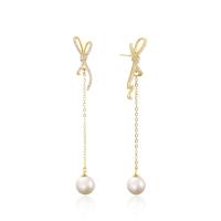 Cubic Zirconia Micro Pave Sterling Silver Earring, 925 Sterling Silver, with Shell Pearl, Bowknot, gold color plated, with plastic earnut & micro pave cubic zirconia & for woman & hollow 