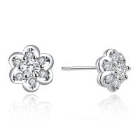 Cubic Zirconia Micro Pave Sterling Silver Earring, 925 Sterling Silver, Flower, platinum plated, with plastic earnut & micro pave cubic zirconia & for woman 