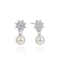 Cubic Zirconia Micro Pave Sterling Silver Earring, 925 Sterling Silver, with Shell Pearl, Snowflake, silver color plated, with plastic earnut & micro pave cubic zirconia & for woman 