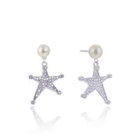 Cubic Zirconia Micro Pave Sterling Silver Earring, 925 Sterling Silver, with Shell Pearl, Star, silver color plated, with plastic earnut & micro pave cubic zirconia & for woman 