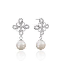 Cubic Zirconia Micro Pave Sterling Silver Earring, 925 Sterling Silver, with Shell Pearl, Geometrical Pattern, silver color plated, with plastic earnut & micro pave cubic zirconia & for woman & hollow 8.6mm 