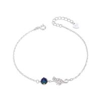 Cubic Zirconia Micro Pave Sterling Silver Bracelet, 925 Sterling Silver, with Lampwork, with 1.18lnch extender chain, Cat, platinum plated, adjustable & oval chain & micro pave cubic zirconia & for woman, 5mm, 1mm Approx 6.49 Inch 