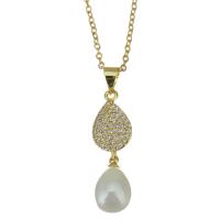 Stainless Steel Jewelry Necklace, with Plastic Pearl, with 1.5 inch extender chain, Teardrop, gold color plated, micro pave cubic zirconia, metallic color plated, 30mm 1.5mm Approx 17 Inch 