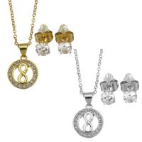 Cubic Zirconia Stainless Steel Jewelry Sets, Stud Earring & necklace, with 1.5 inch extender chain, plated, 2 pieces & micro pave cubic zirconia & for woman & hollow 1.5mm,5mm Approx 17 Inch 