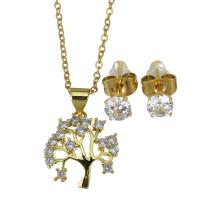 Cubic Zirconia Stainless Steel Jewelry Sets, Stud Earring & necklace, with 1.5 inch extender chain, Tree, gold color plated, 2 pieces & micro pave cubic zirconia & for woman, metallic color plated 1.5mm,5mm Approx 17 Inch 