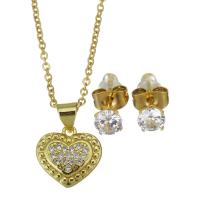 Cubic Zirconia Stainless Steel Jewelry Sets, Stud Earring & necklace, with 1.5 inch extender chain, Heart, gold color plated, 2 pieces & micro pave cubic zirconia & for woman, metallic color plated 1.5mm,5mm Approx 17 Inch 