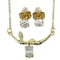 Cubic Zirconia Stainless Steel Jewelry Sets, Stud Earring & necklace, with 1.5 inch extender chain, gold color plated, 2 pieces & micro pave cubic zirconia & for woman, metallic color plated 1.2mm,5mm Approx 17 Inch 