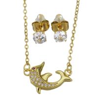 Cubic Zirconia Stainless Steel Jewelry Sets, Stud Earring & necklace, with 1.5 inch extender chain, Dolphin, gold color plated, 2 pieces & micro pave cubic zirconia & for woman, metallic color plated 1.5mm,5mm Approx 17 Inch 