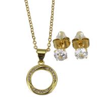 Cubic Zirconia Stainless Steel Jewelry Sets, Stud Earring & necklace, with 1.5 inch extender chain, gold color plated, 2 pieces & micro pave cubic zirconia & for woman & hollow, metallic color plated 1.5mm,5mm Approx 17 Inch 
