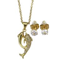 Cubic Zirconia Stainless Steel Jewelry Sets, Stud Earring & necklace, with 1.5 inch extender chain, Dolphin, gold color plated, 2 pieces & micro pave cubic zirconia & for woman, metallic color plated 1.5mm,5mm Approx 17 Inch 