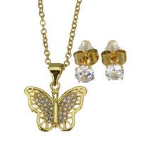 Cubic Zirconia Stainless Steel Jewelry Sets, Stud Earring & necklace, with 1.5 inch extender chain, Butterfly, gold color plated, 2 pieces & micro pave cubic zirconia & for woman & hollow, metallic color plated 1.5mm,5mm Approx 17 Inch 