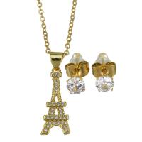 Cubic Zirconia Stainless Steel Jewelry Sets, Stud Earring & necklace, with 2 inch extender chain, gold color plated, 2 pieces & micro pave cubic zirconia & for woman, metallic color plated 1.5mm,5mm Approx 17 Inch 