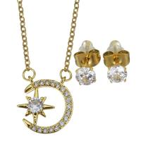 Cubic Zirconia Stainless Steel Jewelry Sets, Stud Earring & necklace, with 1.5 inch extender chain, Moon and Star, gold color plated, 2 pieces & micro pave cubic zirconia & for woman, metallic color plated 1.5mm,5mm Approx 17 Inch 