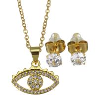 Cubic Zirconia Stainless Steel Jewelry Sets, Stud Earring & necklace, with 1.5 inch extender chain, gold color plated, 2 pieces & micro pave cubic zirconia & for woman, metallic color plated 1.5mm,5mm Approx 17 Inch 