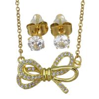 Cubic Zirconia Stainless Steel Jewelry Sets, Stud Earring & necklace, with 1.5 inch extender chain, Bowknot, gold color plated, 2 pieces & micro pave cubic zirconia & for woman & hollow, metallic color plated 1.5mm,5mm Approx 17 Inch 