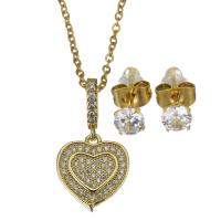 Cubic Zirconia Stainless Steel Jewelry Sets, Stud Earring & necklace, with 1.5 inch extender chain, Heart, gold color plated, 2 pieces & micro pave cubic zirconia & for woman, metallic color plated 1.5mm,5mm Approx 17 Inch 