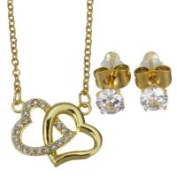 Cubic Zirconia Stainless Steel Jewelry Sets, Stud Earring & necklace, with 1.5 inch extender chain, Heart, gold color plated, 2 pieces & micro pave cubic zirconia & for woman & hollow, metallic color plated 1.5mm,5mm Approx 17 Inch 