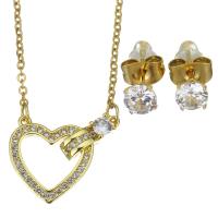 Cubic Zirconia Stainless Steel Jewelry Sets, Stud Earring & necklace, with 1.5 inch extender chain, Heart, gold color plated, 2 pieces & micro pave cubic zirconia & for woman & hollow, metallic color plated 1.5mm,5mm Approx 17 Inch 