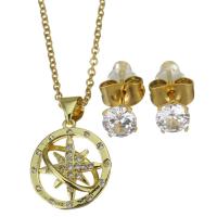 Cubic Zirconia Stainless Steel Jewelry Sets, Stud Earring & necklace, with 1.5inch extender chain, gold color plated, 2 pieces & micro pave cubic zirconia & for woman & hollow, metallic color plated 1.5mm,5mm Approx 17 Inch 
