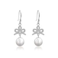 Cubic Zirconia Micro Pave Sterling Silver Earring, 925 Sterling Silver, with Shell Pearl, Bowknot, silver color plated, micro pave cubic zirconia & for woman & hollow 8.5mm 