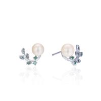 Cubic Zirconia Micro Pave Sterling Silver Earring, 925 Sterling Silver, with Shell Pearl, Leaf, platinum plated, with plastic earnut & micro pave cubic zirconia & for woman 6mm 