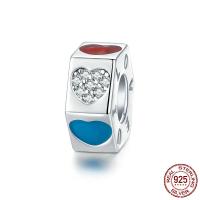 Cubic Zirconia Sterling Silver European Beads, 925 Sterling Silver, platinum plated, with heart pattern & micro pave cubic zirconia & enamel 