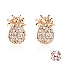 Cubic Zirconia Micro Pave Sterling Silver Earring, 925 Sterling Silver, Pineapple, rose gold color plated, micro pave cubic zirconia & for woman 