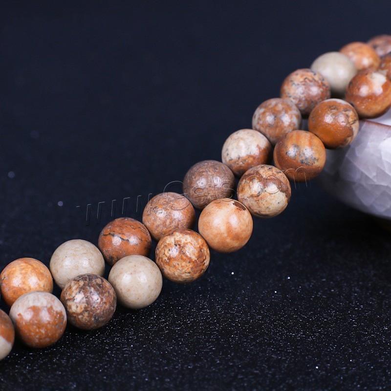 Perles de pierre gemme unique, jaspe de photo, Rond, poli, normes différentes pour le choix, Longueur:Environ 16 pouce, Vendu par brin