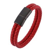 Cowhide Bracelets, Stainless Steel, with Leather, Double Layer & fashion jewelry & Unisex, red 